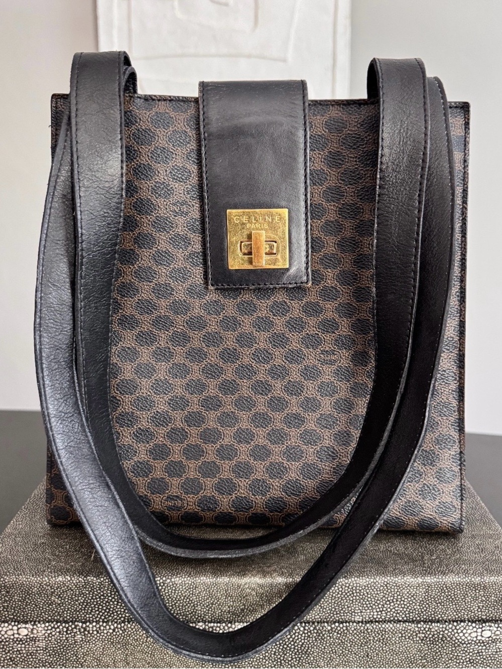 Celine Macadam Monogram Canvas Shoulder Bag with Black Leather Trim gold tone HW